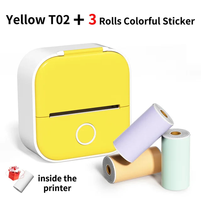 T02 Printer &3Rolls Color Sticker Set Mini Pocket Printer Thermal Printer for Printing Text Photo Study Note Sticker DIY Journal