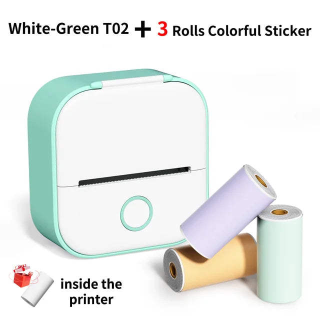 T02 Printer &3Rolls Color Sticker Set Mini Pocket Printer Thermal Printer for Printing Text Photo Study Note Sticker DIY Journal
