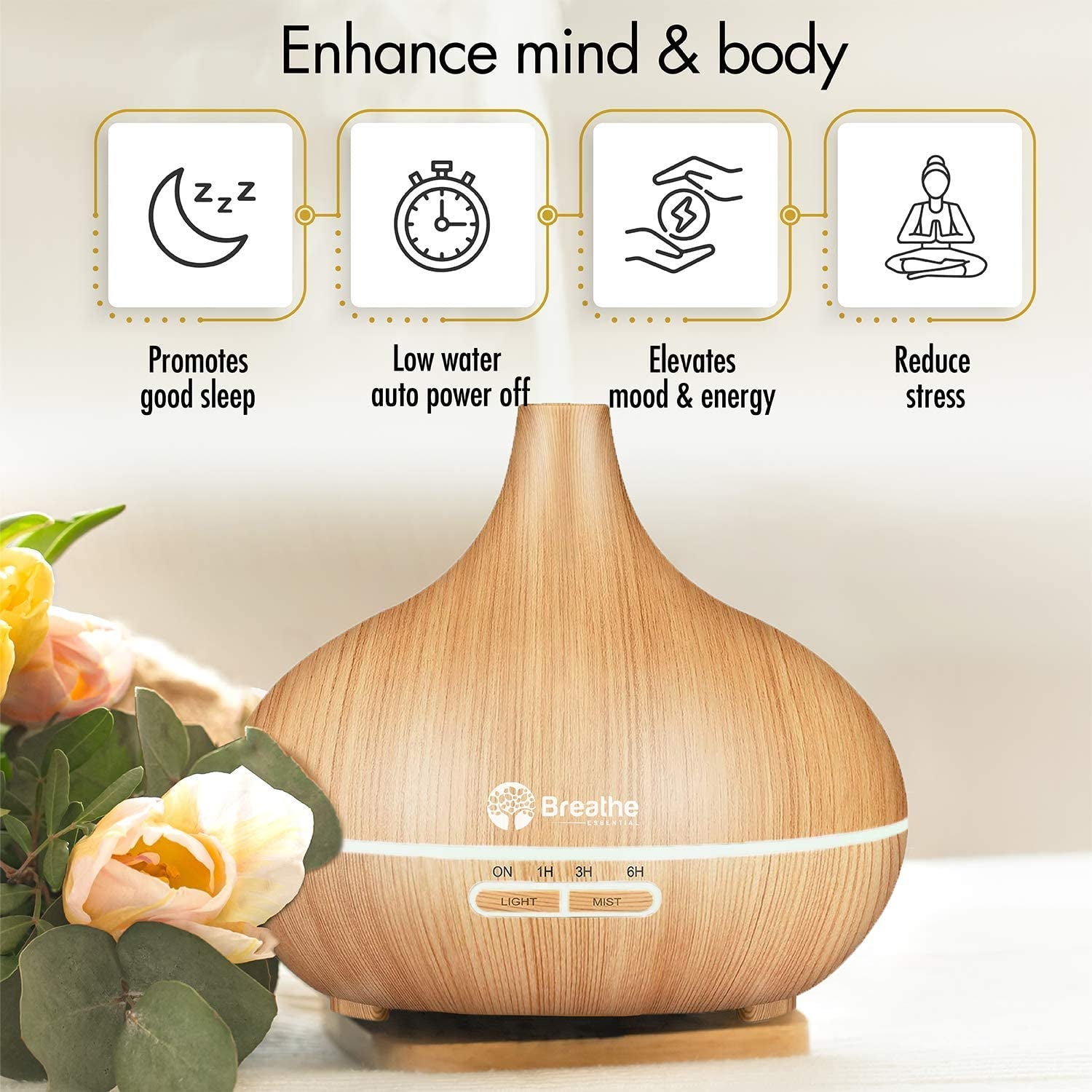 Oil Diffuser | 550Ml Diffusers for Essential Oils with Cleaning Kit & Measuring Cup, 18 Hour Runtime, 16 LED Light Settings & Auto Power off (Natural Oak)